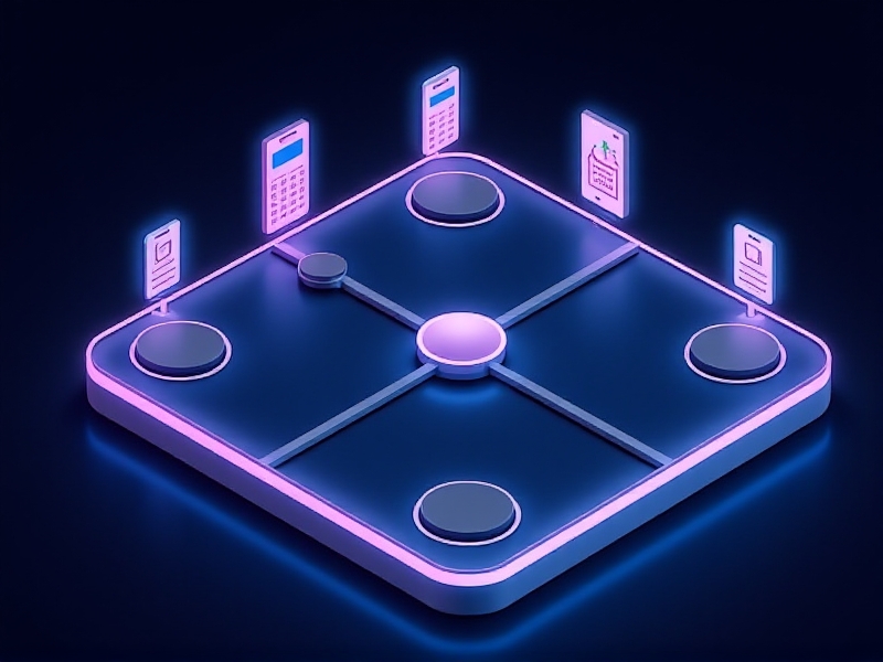 A digital illustration showing a Bluetooth scale at the center, with glowing lines connecting to icons representing fitness apps, smartwatches, meal planners, and medical records. The style is abstract-tech with neon blue and purple hues against a dark background, conveying digital interconnectedness.