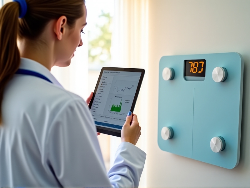 A healthcare professional in a white coat reviews a tablet showing patient weight trends while standing near a Bluetooth scale in a sunny clinic room. The scale has large, high-contrast numbers for accessibility. The mood is professional yet approachable.