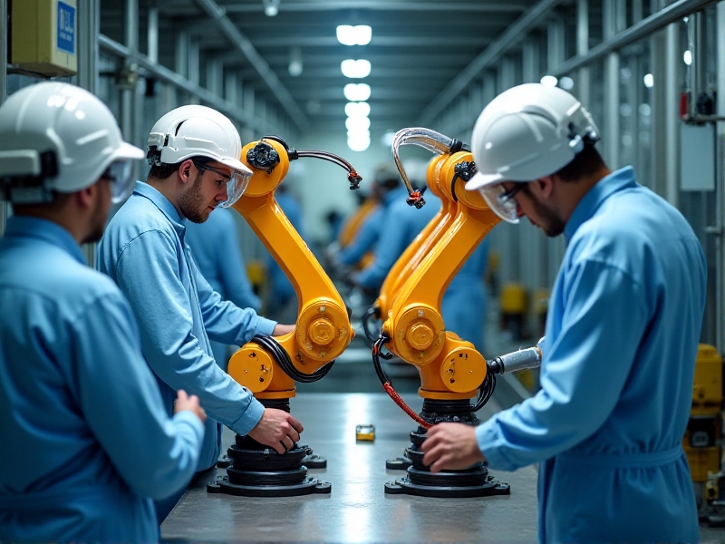 Interchangeable robot modules being installed in a honey processing plant; technicians in protective gear connect hydraulic lines while quality-checking freshly uncapped frames under bright task lighting.