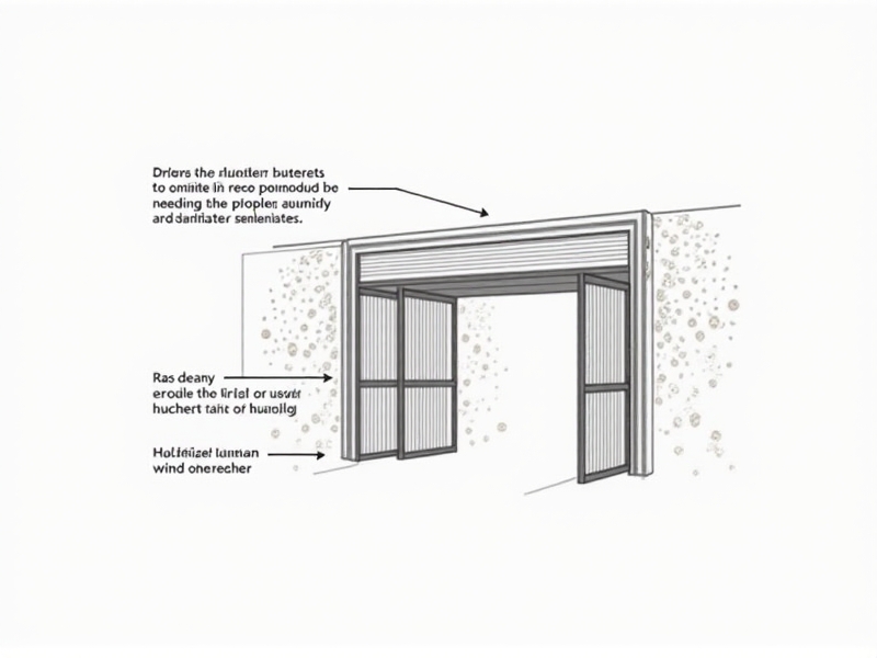 Technical cross-section diagram of a weather-responsive entrance reducer showing internal components: rubberized seals, retractable aluminum panels, humidity sensors, and motorized actuators. Annotations explain how sensors trigger adjustments during rain or wind. Illustration style is detailed and educational with a neutral color palette.