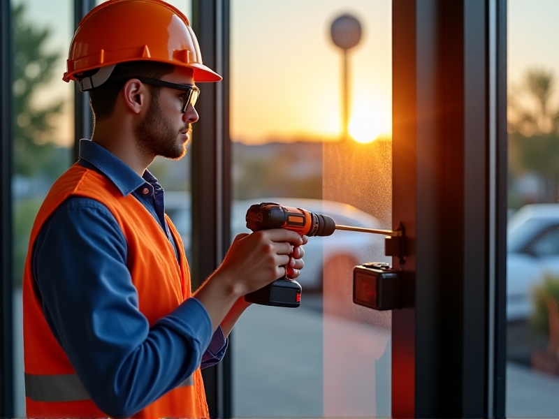 A technician in safety gear installing a weather-responsive reducer on a glass storefront entrance. Tools include a laser level and cordless drill, with the reducer’s control panel visible. Late afternoon sunlight casts warm tones, emphasizing precision and professional expertise.