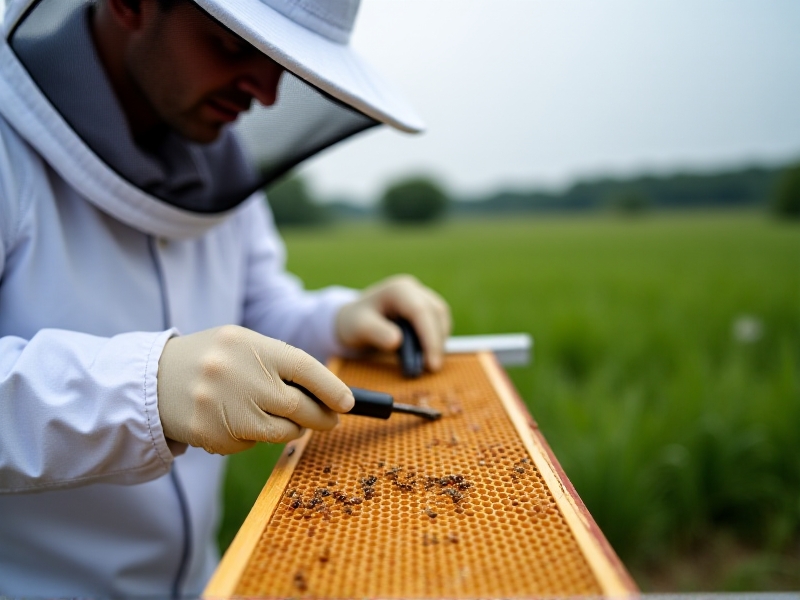 A beekeeper in protective gear uses a handheld tool to manually scrape drone brood cells from a honeycomb frame in an apiary, with blurred green fields in the background under overcast skies.