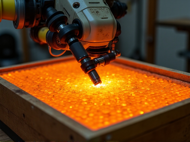 A robotic arm equipped with precision tools hovers over a beehive frame, with thermal imaging highlights revealing drone brood cells amidst hexagonal honeycombs under warm ambient workshop lighting.