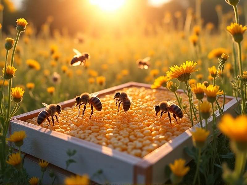 A thriving beehive surrounded by pollinator-friendly flowers in a sunlit meadow, honeybees flying near pristine white honeycomb frames filled with golden honey and healthy brood.