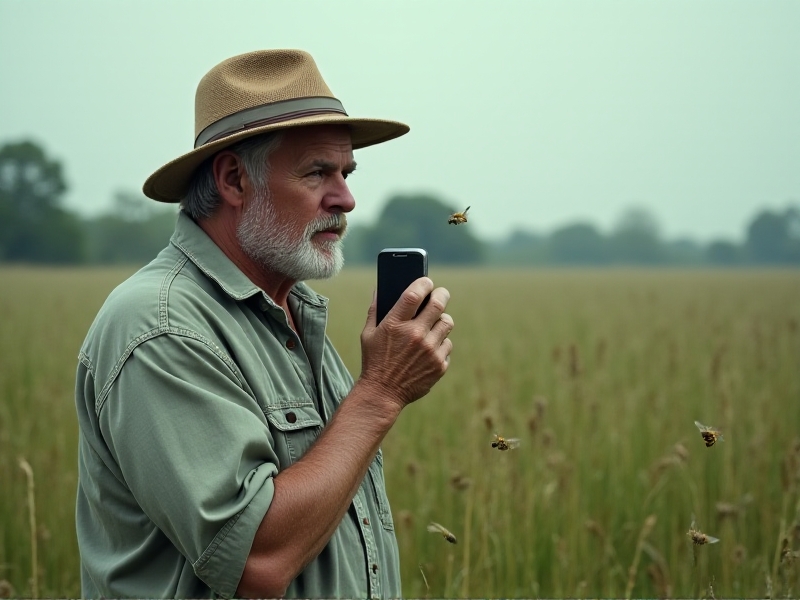 A weathered beekeeper in a field struggling to use a voice device amid windy conditions, with tall grass and bees flying nearby. The image has a documentary-style realism, with muted greens and grays, conveying the clash between rugged outdoor work and fragile technology.