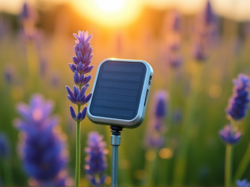 Close-up of a high-tech IoT sensor placed on a flowering plant in a meadow, monitoring environmental data like humidity and temperature. The device has a sleek metallic finish, solar-powered panels, and is surrounded by dew-covered lavender blossoms under morning light, symbolizing the fusion of technology and ecology.