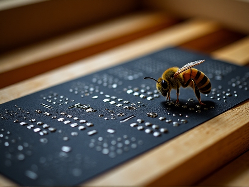 A high-resolution image of a varroa-detecting sensor mat with intricate circuit patterns and silver sensors embedded in a black silicone base. A honey bee's leg is visible near the edge, suggesting proximity. The mat rests on a wooden hive frame, illuminated by cool, even lighting that accentuates its technological design.