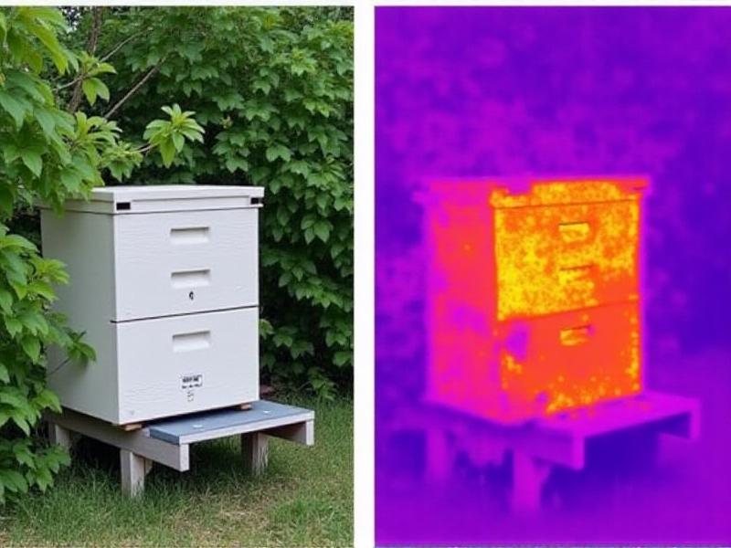 Side-by-side images: a visible light photo of a beehive surrounded by green foliage, and a thermal version showing bright yellow brood cells against cooler purple hive walls. The contrast demonstrates how thermal imaging reveals hidden physiological activity within the colony.