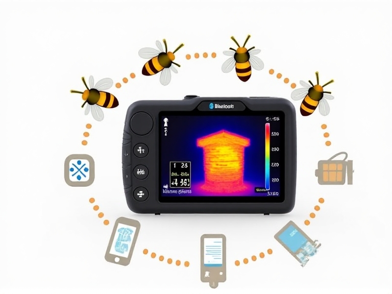 A modern handheld thermal imaging device with a digital display showing a high-resolution heat map of a beehive. The device has a sleek black design, with touchscreen controls and Bluetooth connectivity symbols. Surrounding the camera are illustrated icons of bees and temperature graphs, symbolizing data integration.
