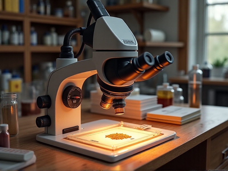 A traditional laboratory setup with a high-powered microscope examining a Nosema spore sample on a glass slide. Countertop cluttered with petri dishes, staining kits, and scientific journals. Style: realistic 3D rendering with warm overhead lighting, neutral lab tones, and intricate textures on equipment surfaces.