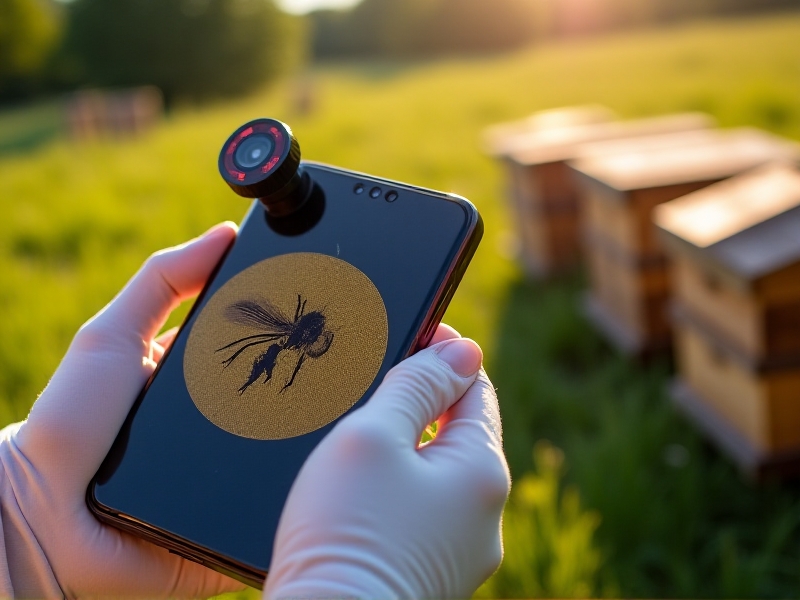 A smartphone equipped with a modular microscope attachment, magnifying a honeybee's gut tissue on a slide. Hands of a beekeeper in protective gloves adjust the focus. Background: wooden beehives in a sunlit meadow. Style: crisp documentary photography with natural daylight, vibrant green foliage, and emphasis on the device's compact design.