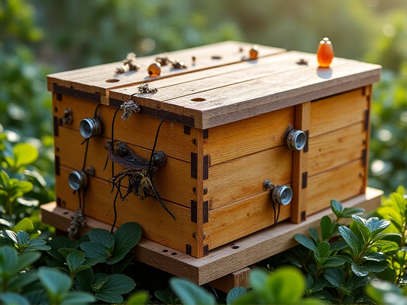 A futuristic beehive equipped with IoT sensors and cameras mounted on wooden frames, surrounded by lush greenery. Wires and solar panels blend into the environment, capturing real-time data on honeybee health with a focus on wing morphology analysis.