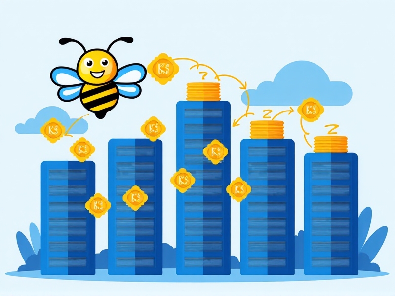 An illustrated cross-section of a website backend showing a honeybee mascot depositing data packets into hexagonal server cells. The tech-infused artwork uses flat design with blue and yellow accents, visualizing encrypted data flow from user devices to secure cloud storage.
