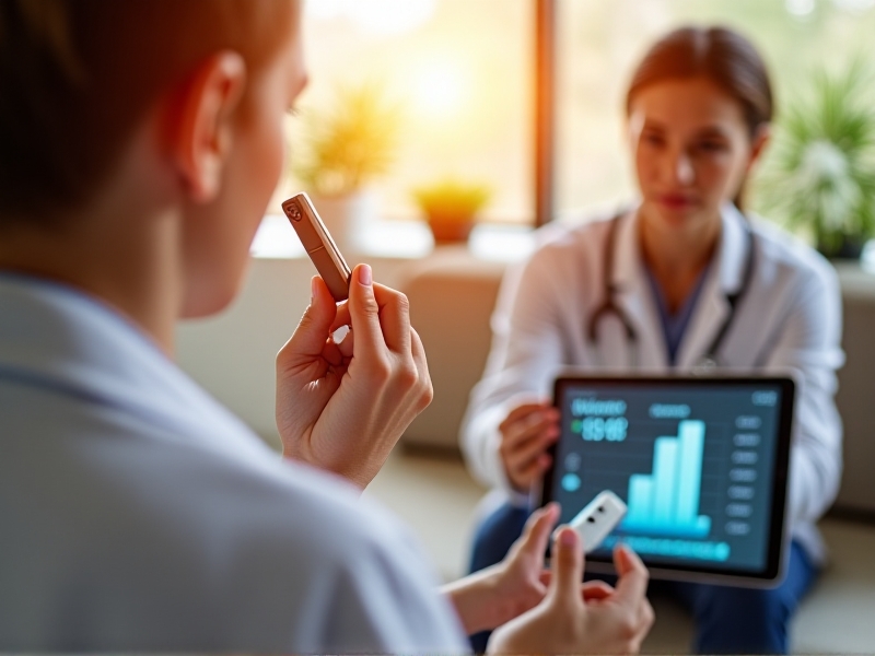 A warm, inviting scene of a clinic where a patient breathes into a handheld VOC sensor device. A doctor in a white coat reviews real-time data on a tablet displaying a 3D graph of VOC concentrations. Sunlight streams through windows onto minimalist furniture, creating a trustworthy and patient-centric atmosphere.