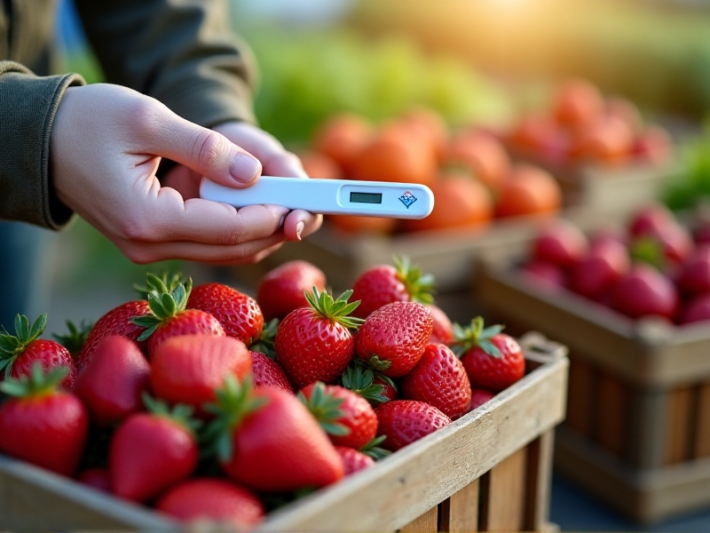 A farmer wearing gloves holds a pesticide residue test strip near a crate of freshly harvested strawberries at an outdoor market. The background features rustic wooden crates and vibrant produce under soft morning light. The image conveys trust, community health, and the fusion of traditional farming with modern technology.