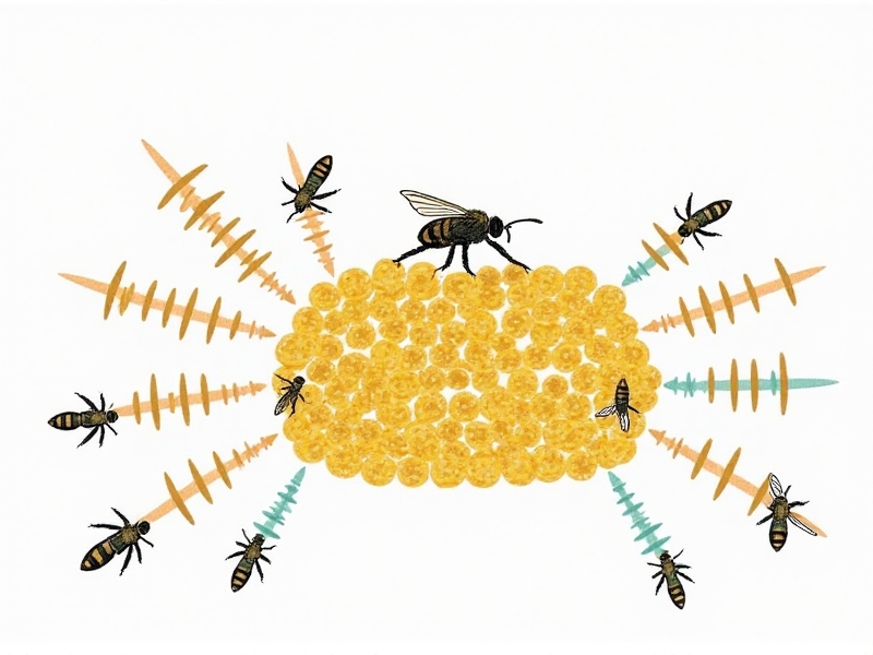 Scientific diagram illustrating honeybee communication through substrate vibrations, showing a cross-section of honeycomb cells with colorful arrows representing different vibration frequencies. The infographic style combines hand-drawn insects with digital frequency waveforms against a white background.