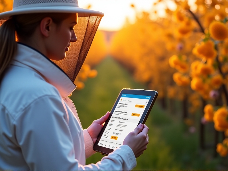 A beekeeper in full protective gear reviews real-time hive data on a ruggedized tablet while standing in a sunlit apiary. The image captures orange orchard blossoms in the background and alert notifications about queen status on the device screen, rendered in photorealistic detail.