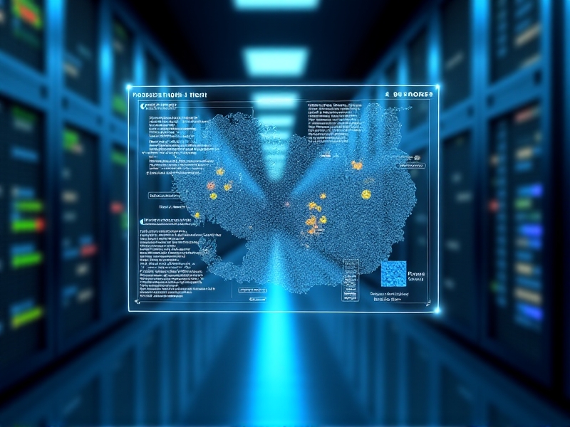 A 3D rendering of an artificial intelligence interface processing hive imagery, with overlapping heatmaps and diagnostic markers highlighting potential Foulbrood infections. The digital screen glows with cool blue tones, juxtaposed against a blurred background of server racks symbolizing cloud-based data analysis.