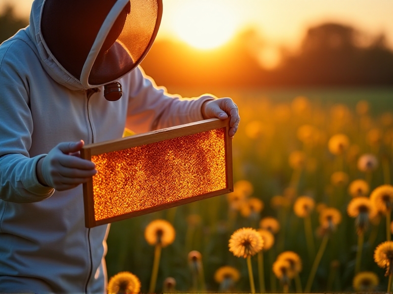 A beekeeper in a protective suit uses a hive tool to add a honey super during golden hour. The supers’ frames glisten with fresh nectar, while a digital scale at the apiary edge flashes updated weight readings. Dandelions dot the foreground, emphasizing spring management timing.