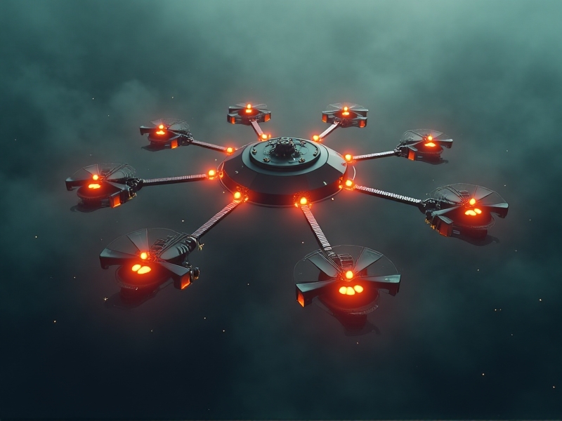 A 3D rendering of a sensor swarm dynamically adjusting its formation in a smoke-filled disaster zone. Drones equipped with acoustic emitters hover in a hexagonal pattern, glowing lines connecting their movement paths. The atmosphere is tense, with dim ambient light and particles floating in the air, emphasizing urgency and technological coordination.
