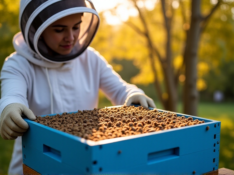 A beekeeper in a protective suit examining a recycled blue plastic hive frame covered with honeybees. Golden sunlight filters through nearby maple trees, casting dappled shadows on the apiary garden. Bees cluster densely on the uniform plastic surface, emphasizing structural integrity and insect interaction with the material.