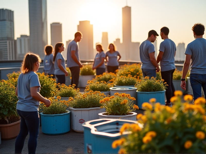 A bustling city rooftop with modular recycled plastic hives arranged in hexagonal patterns. The skyline of downtown Chicago appears in soft focus behind vibrant wildflower planters. Diverse volunteers in casual attire deposit cleaned plastic containers into a collection bin labeled 'Hives for Humanity.' Late afternoon light creates warm tones, symbolizing community-driven sustainability.