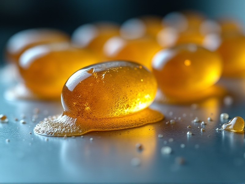 A macro photograph of degraded paraffin wax capsules in a laboratory setting, showing cracked microcapsules oozing molten wax onto a metallic substrate. Soft ambient lighting highlights textural contrasts between smooth metal and crystallized wax residues.