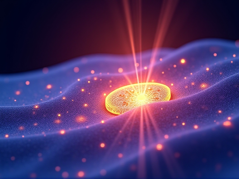 An abstract 3D rendering of UV rays (violet beams) striking a bio-composite surface protected by shimmering stabilizer particles, with a warm golden shield effect symbolizing resistance to degradation, set against a dark blue background.