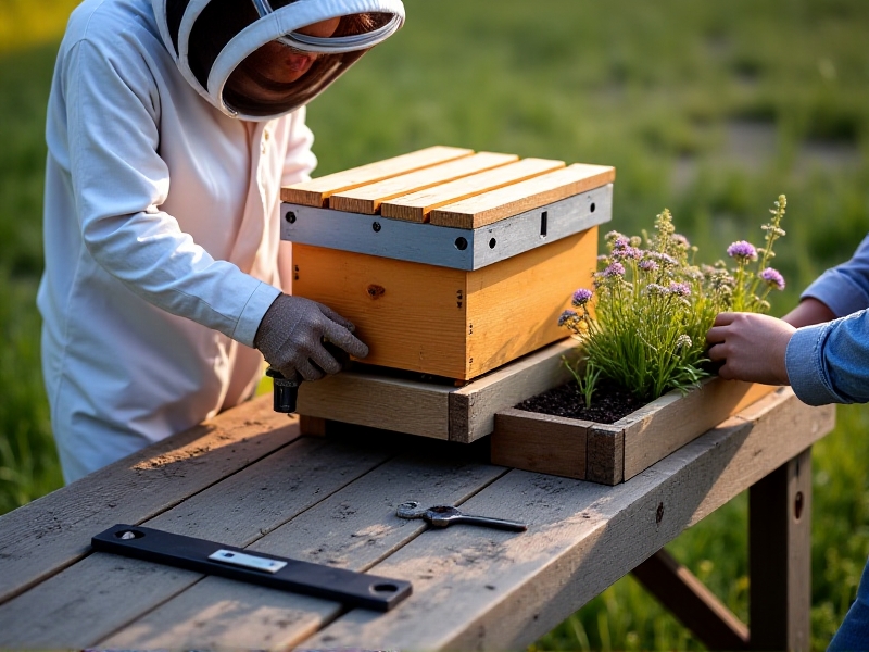 A beekeeper in a white protective suit secures a Langstroth hive onto a reinforced platform using a drill, while a helper in gardening gloves transplants purple aster seedlings into a raised bed below. Tools like a level and wrench sit on a weathered wooden workbench nearby, with late afternoon shadows creating warm contrasts.