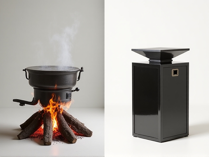 A split-image comparison: left side shows an antique iron wax melter over a wood fire; right side features a sleek Solar Wax Extractor 3.0 with glossy panels. Neutral background highlights technological progression from smoky, labor-intensive methods to clean, solar-driven design.
