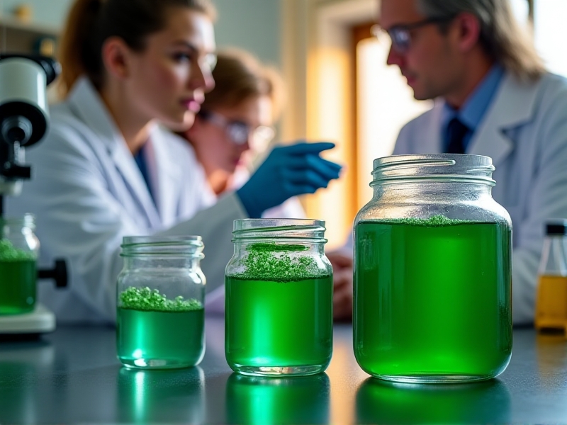 A detailed laboratory scene showcasing glass jars filled with vibrant green algae paste, surrounded by laboratory equipment like microscopes and beakers. Scientists in white coats examine samples under warm lighting, highlighting the research and development behind sustainable paint production.