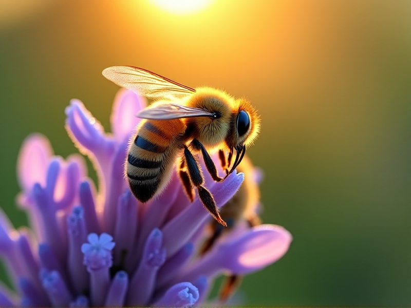 A macro photograph of honeybees gathering pollen on sunlit lavender flowers, with a hive painted in earthy green algae-based paint visible in the background. The bees’ wings glisten with dew, capturing the vitality of a toxin-free environment.