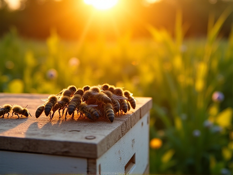 Honeybees clustering on a compostable hive wrap in a sunlit apiary, vibrant golden hues, lush greenery in background, showcasing harmony between sustainable practices and thriving bee colonies.