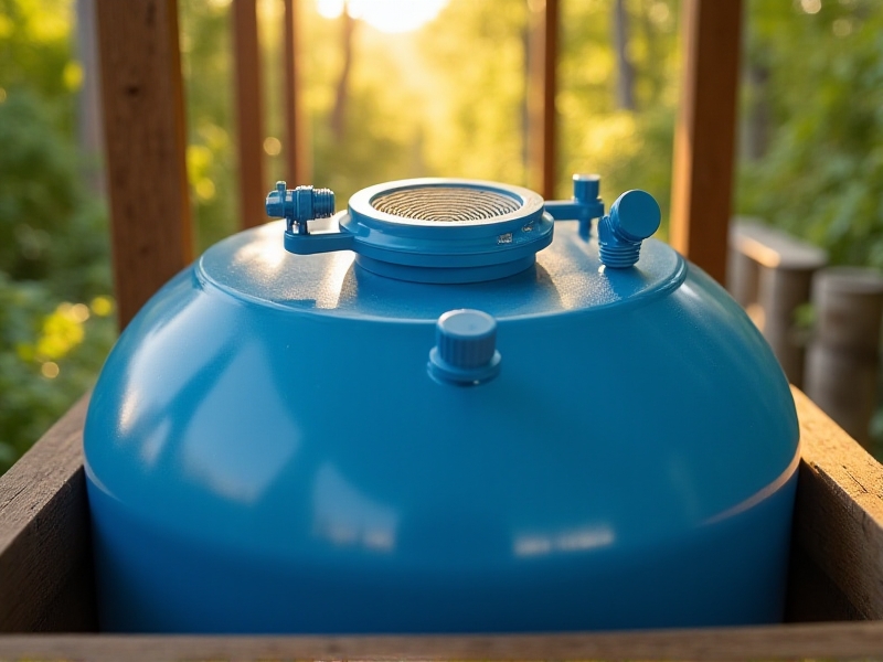 A detailed close-up of Flow Hive's water reservoir, showing a blue plastic tank with a mesh filter and adjustable valves. The setting is a rustic wooden apiary with sunlight filtering through nearby trees, creating a warm, practical atmosphere focused on eco-friendly resource management.