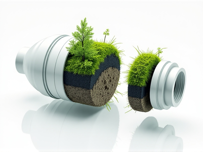 An exploded diagram of a water filter with moss, charcoal, and sand layers, inspired by wetland ecosystems. The technical illustration uses crisp white backgrounds and vibrant green accents, showcasing the intersection of nature and cutting-edge technology.