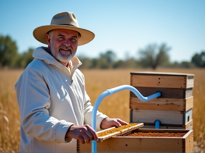 A middle-aged beekeeper in a protective suit inspecting a Flow Hive connected to water tubing, surrounded by dry grassland under a bright blue sky. The image conveys resilience and practicality, with a focus on the beekeeper’s satisfied expression and the hive’s efficient design.