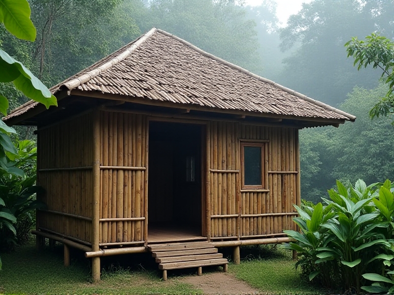 A weathered bamboo hut with intricately woven walls, surrounded by tropical foliage; morning mist softens the scene, emphasizing organic textures and timeless architectural harmony.