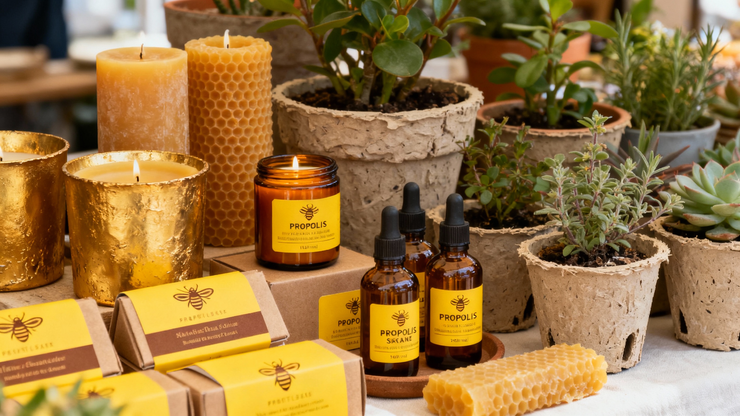 An artisanal marketplace display featuring candles made from golden upcycled beeswax next to amber-hued propolis skincare bottles and textured biodegradable planters. Earthy natural composition with soft daylight and vibrant pops of yellow and brown packaging labels.
