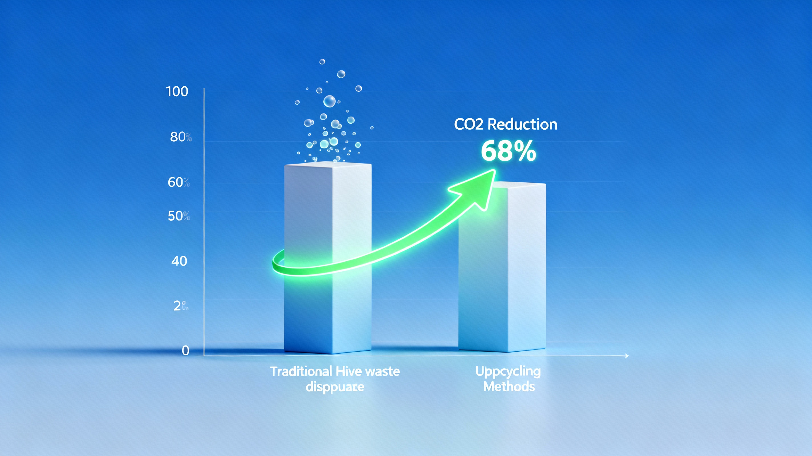 A 3D animated bar graph comparing CO2 emissions from traditional hive waste disposal versus upcycling methods, with glowing green arrows showing 68% reduction. Minimalist infographic style with floating particles representing metric tons against a gradient blue background.