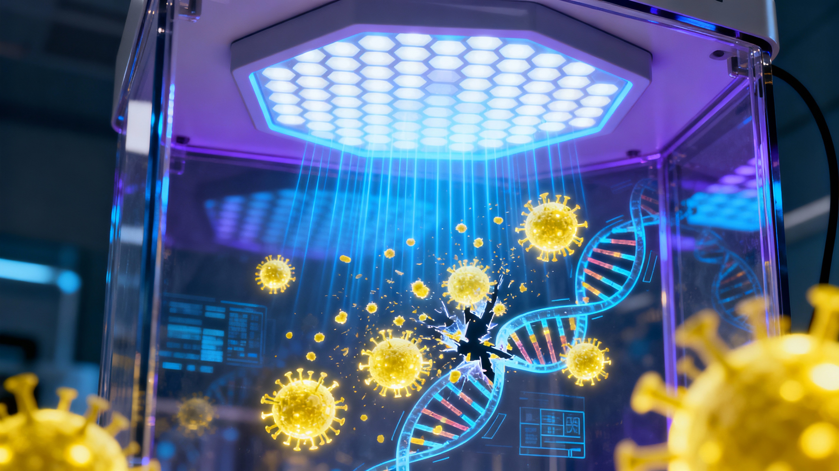A detailed close-up of UV-C light waves emitted from a hexagonal LED panel inside a transparent sanitization chamber. Microscopic pathogens are visualized as glowing particles disintegrating under the light, with digital overlay graphics showing DNA helix structures breaking apart. The color palette contrasts cool blues and purples with bright yellow particles, emphasizing scientific precision.