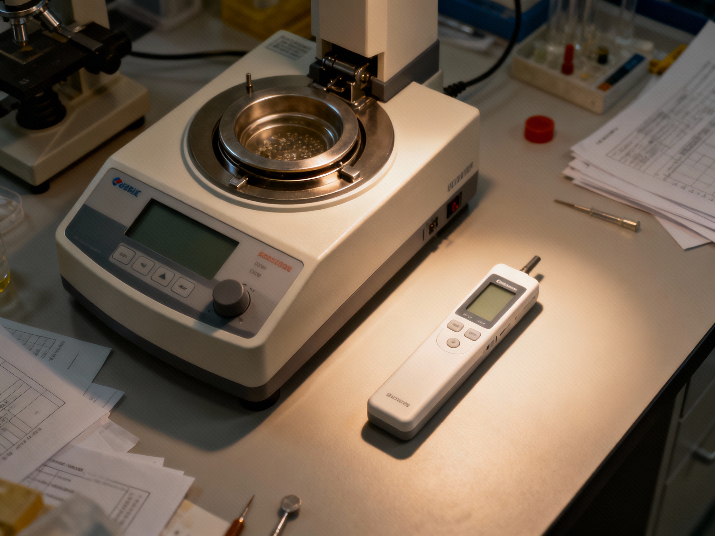 Side-by-side comparison of a bulky benchtop melting point analyzer and a slim portable tester on a cluttered lab desk. The portable device casts a soft shadow, symbolizing its minimal footprint, while the benchtop unit’s size dominates the workspace.