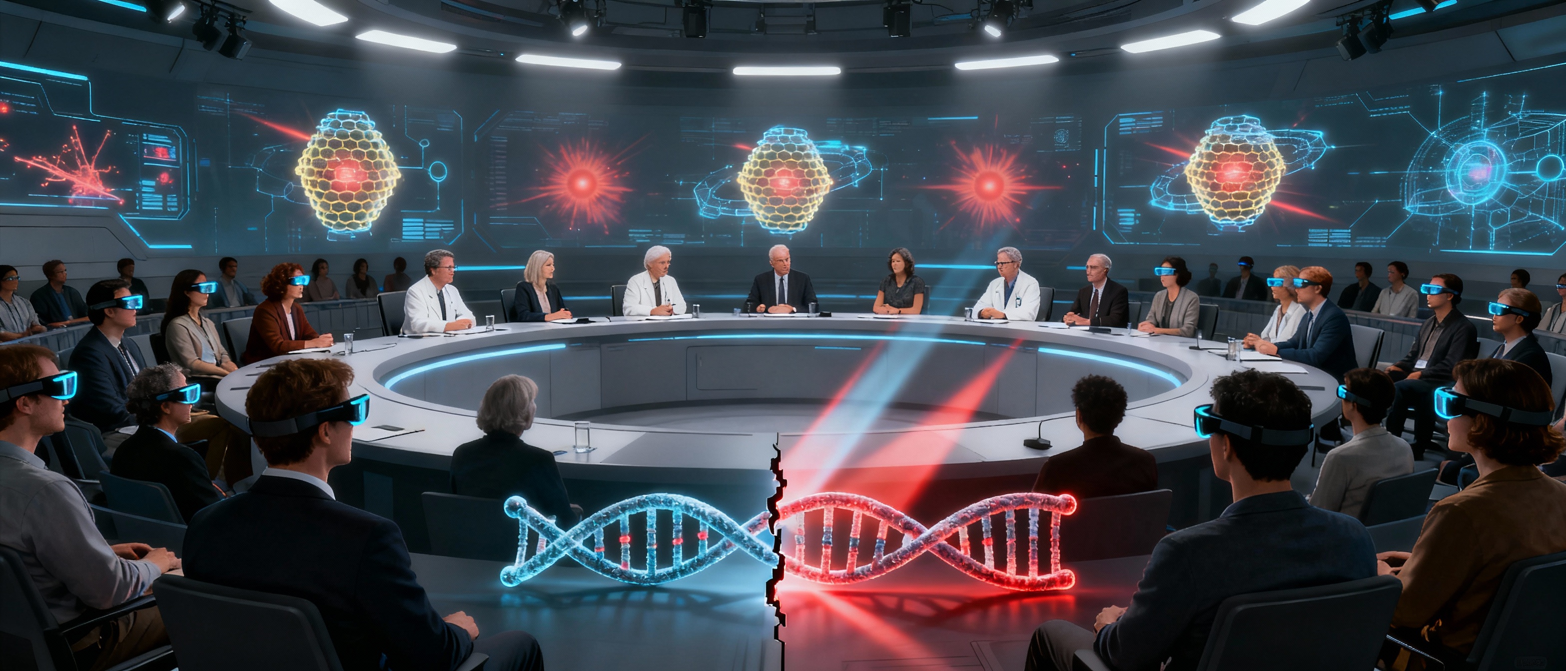 A diverse panel of scientists and ethicists debating in a circular auditorium with holographic projections of gamma-ray hives. The foreground shows a 3D DNA helix being split by radiation beams, while audience members view impact simulations on augmented reality glasses. Moody overhead lighting creates a tense, contemplative atmosphere.