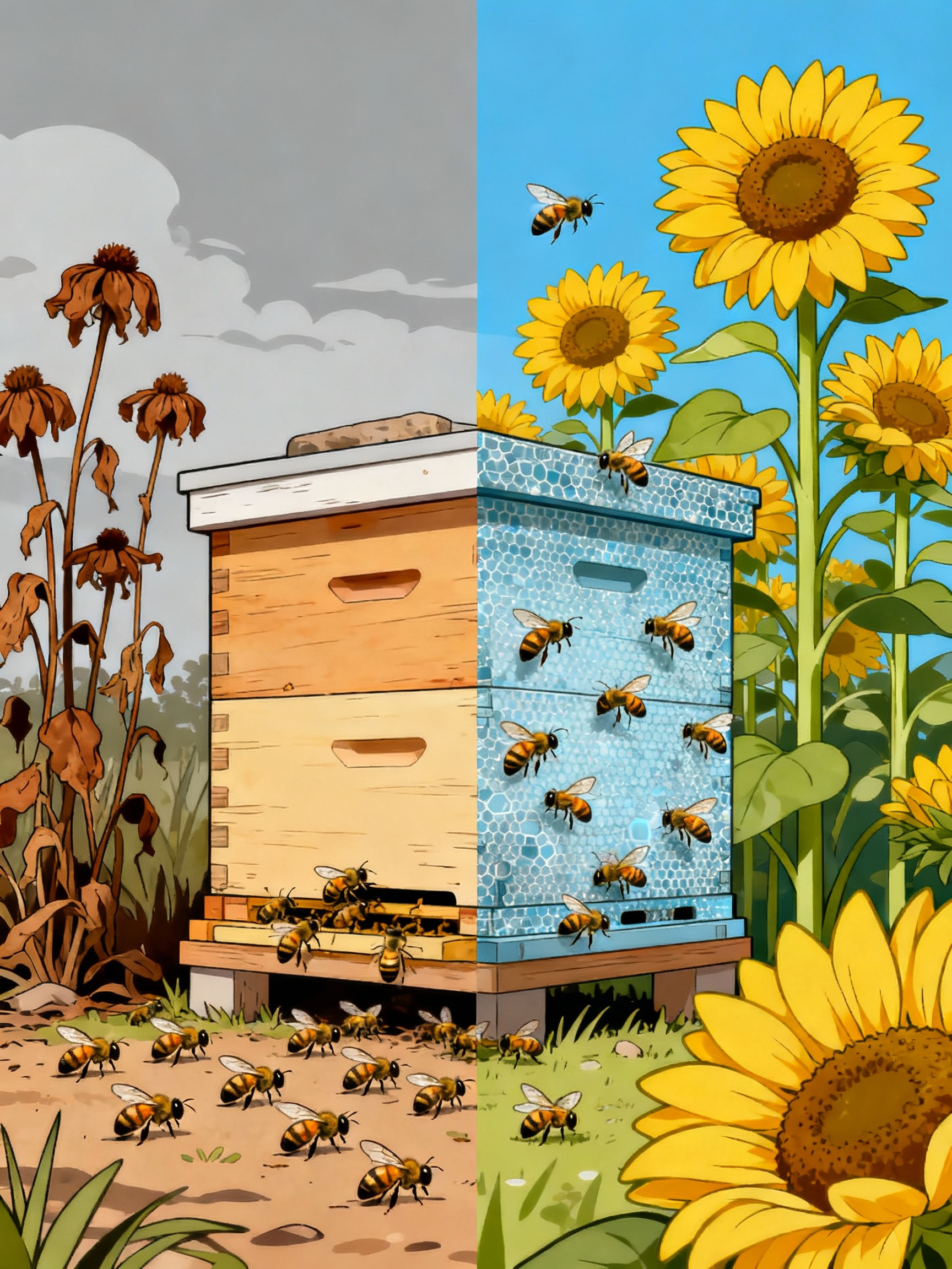 A split-view illustration comparing a traditional chemical-treated hive with dead bees and wilted flowers against a nanotech-coated hive thriving with active bees, blooming sunflowers, and a clear blue sky, emphasizing environmental harmony.