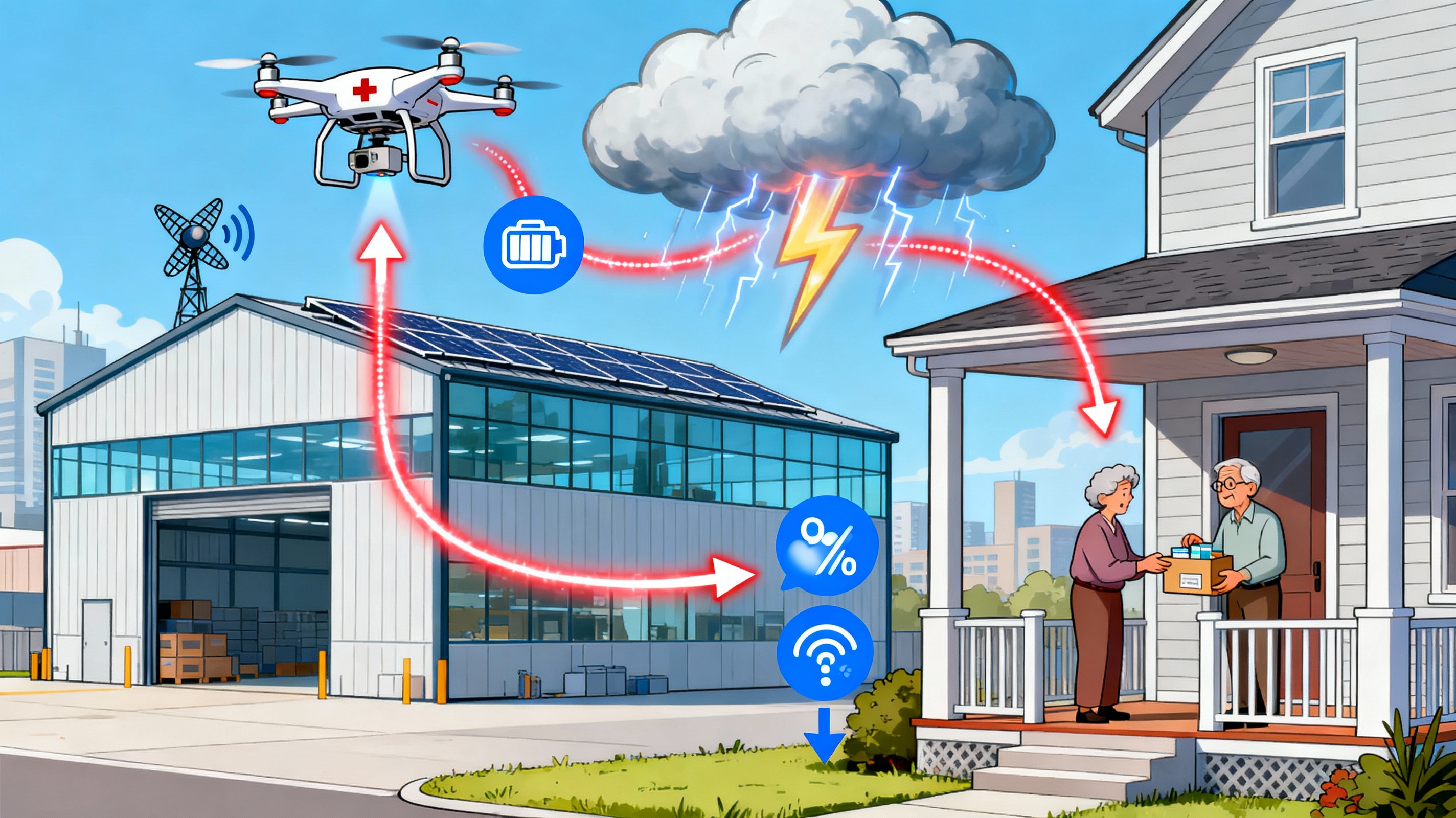 A detailed diagram-style illustration showing a medical drone's journey from a modern urban warehouse with glass windows and solar panels to a suburban home. The drone ascends vertically, avoids a thunderstorm cloud using a glowing reddetour path, and descends toward a porch where a senior citizen receives a medication package. Arrows indicate the drone's route, with icons representing GPS signals, battery levels, and weather updates.