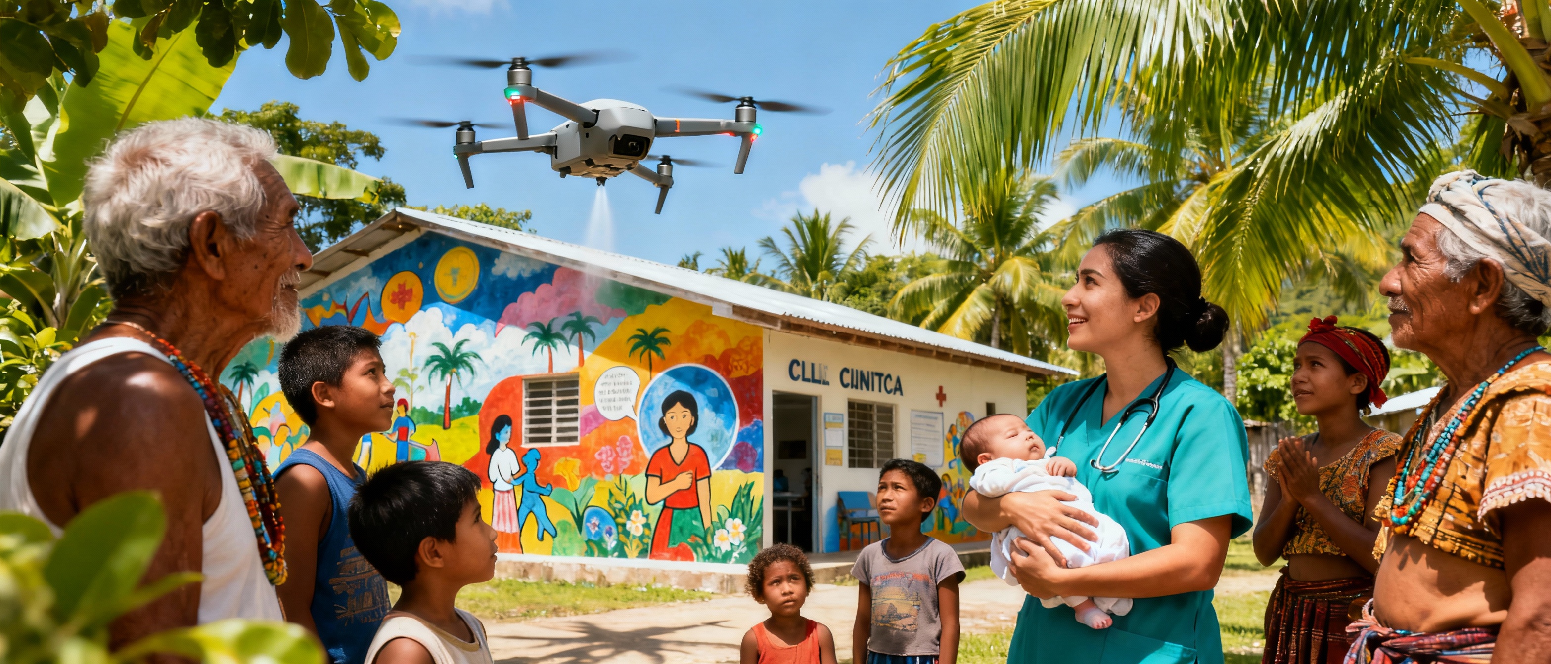 A drone descends near a vibrant mural-covered clinic in a tropical village. A group of diverse villagers—children, elders, and a midwife holding a newborn—gather around the drone. Lush green palm trees frame the scene, and the midday sun casts sharp shadows, emphasizing the intersection of tradition and innovation.