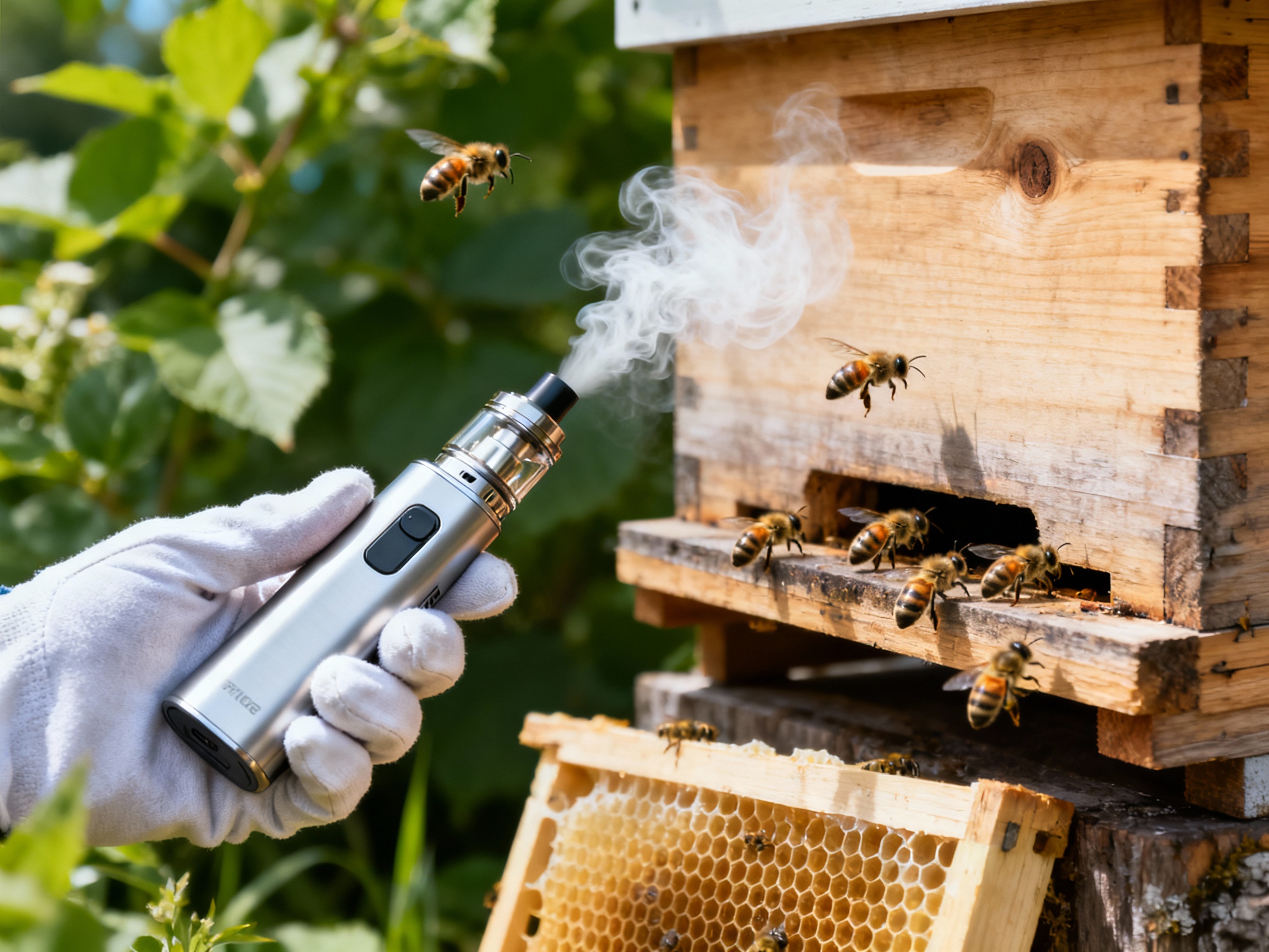 A sleek, silver electric vaporizer held by a gloved hand, releasing a faint wisp of white vapor toward a wooden beehive. Bees hover calmly around the entrance. Bright daylight accentuates the device's modern design against a backdrop of green foliage and honeycomb frames. The image conveys innovation and harmony with nature through sharp details and cool-toned highlights.