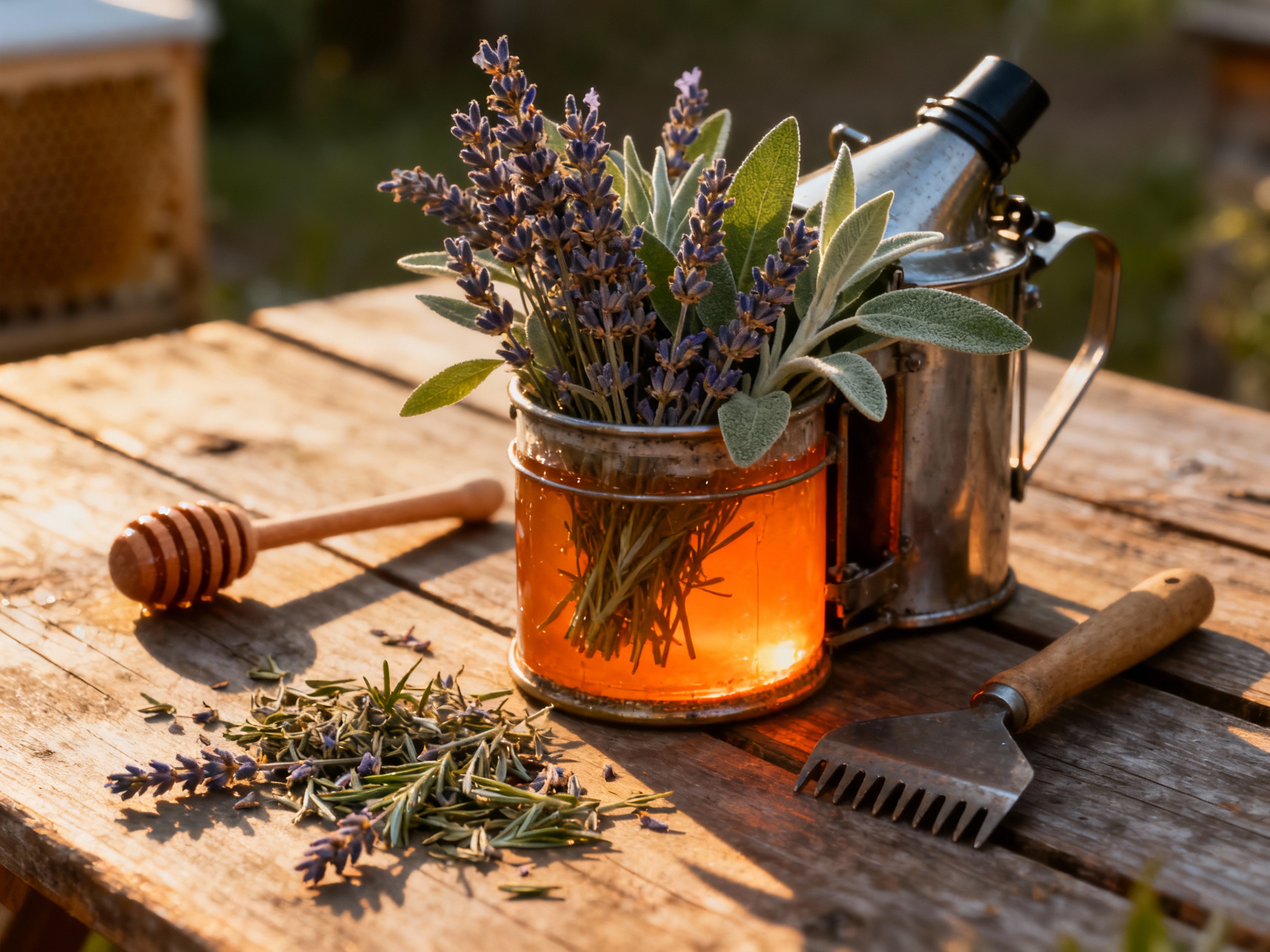 A close-up of a bee smoker filled with dried lavender sprigs and sage leaves, glowing orange at the base. Loose herbs spill onto a rustic wooden table beside a honey dipper and hive tool. Warm golden hour lighting casts soft shadows, emphasizing textures and organic colors. The composition blends practicality with botanical elegance, suggesting a shift toward eco-conscious beekeeping.