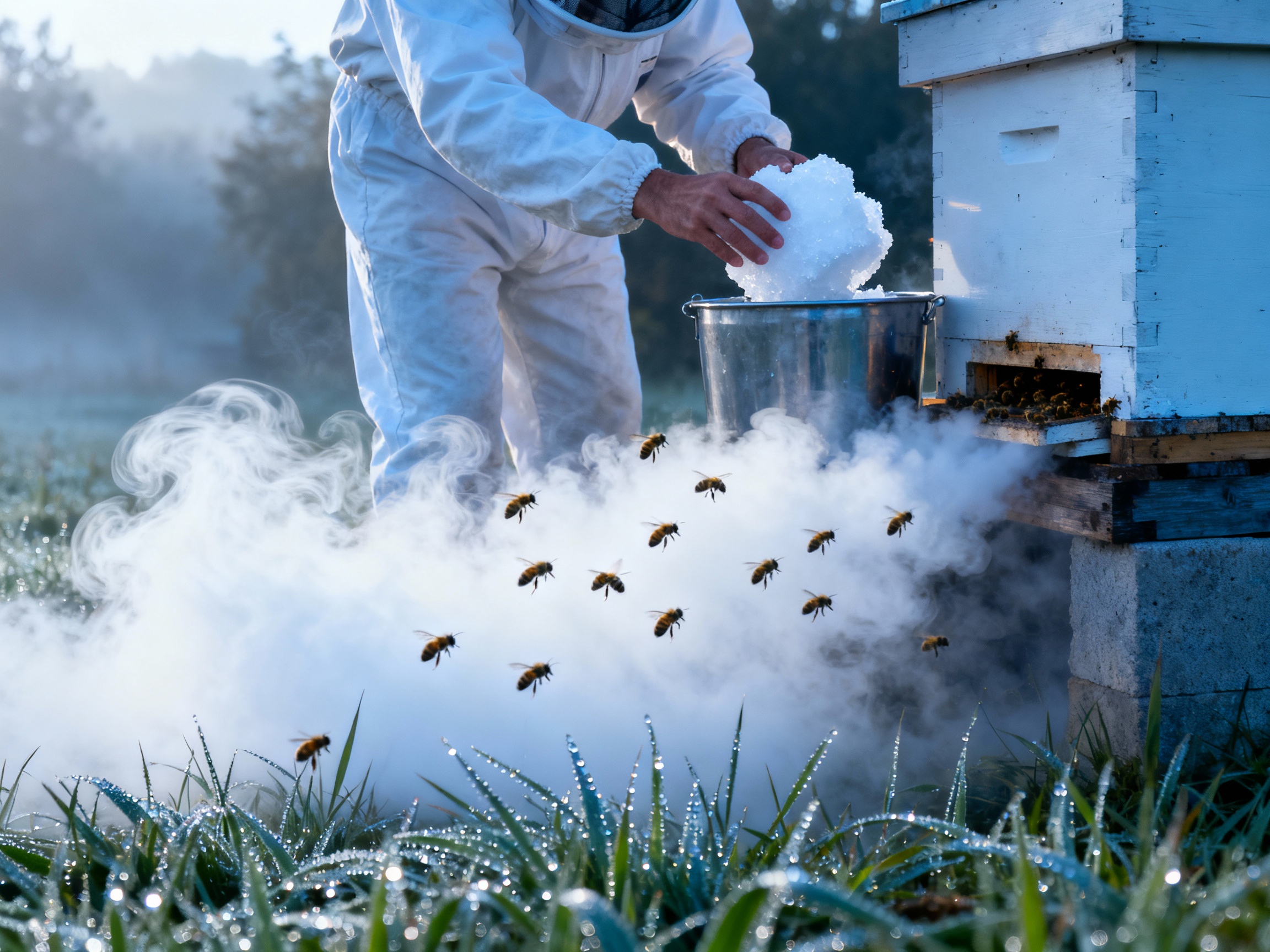 A beekeeper in a white suit carefully places a chunk of dry ice into a metal container near a hive entrance. A swirling cloud of white fog envelops the lower frames as bees retreat upward. The morning mist and dewy grass enhance the ethereal atmosphere, while the cool blue and white palette reinforces the concept of temperature-based hive management.