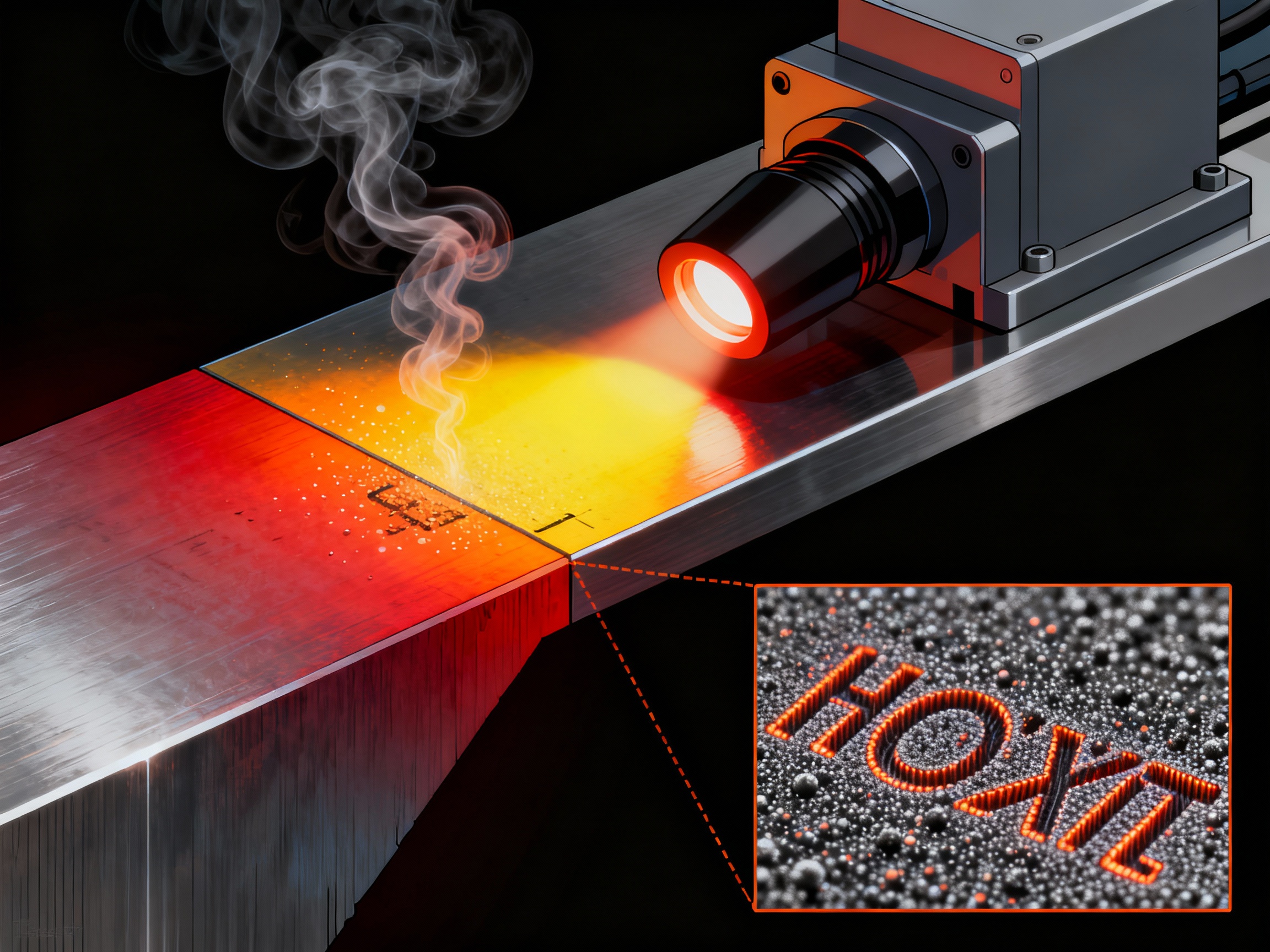 A cross-sectional diagram of a laser hive marking system, showing a concentrated beam interacting with a metal surface. Color gradients illustrate heat distribution, with smoke particles captured mid-air. An inset reveals microscopic text created by the laser, showcasing crisp edges and uniform depth.