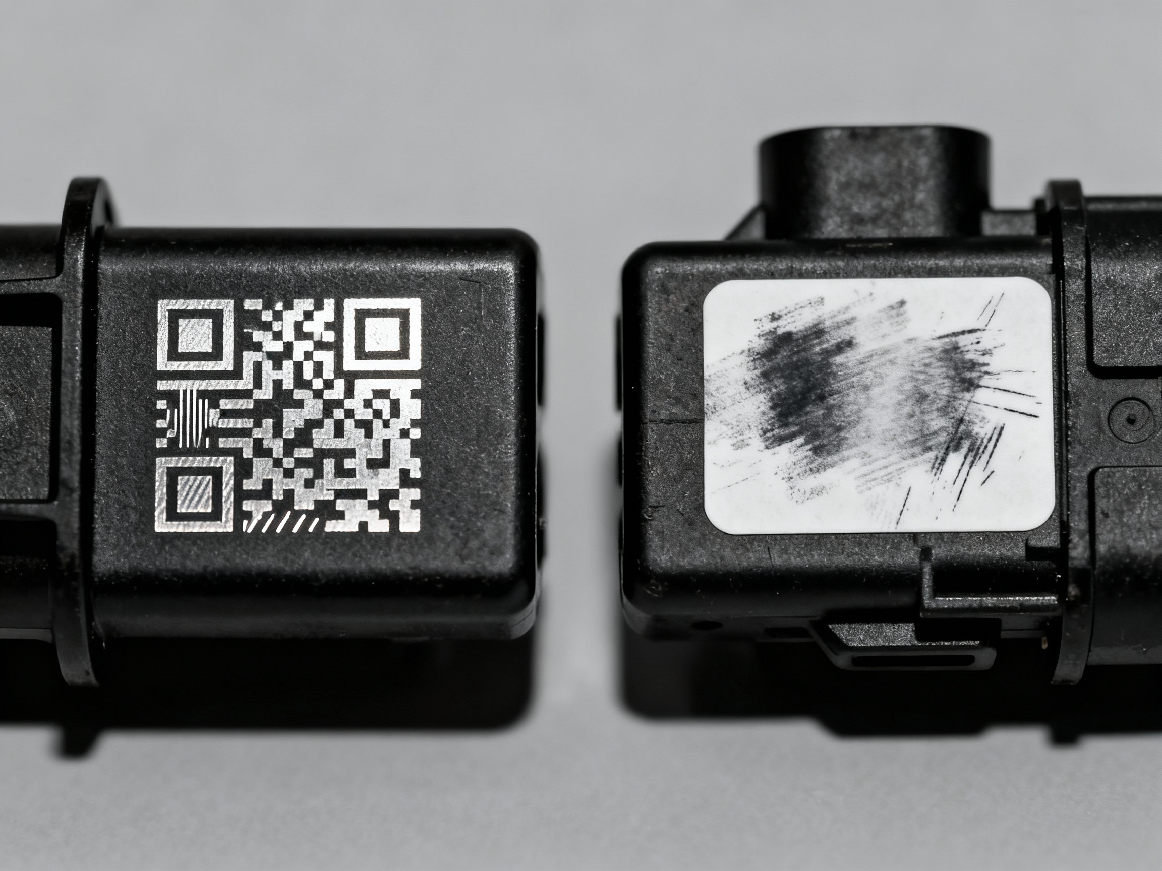 Side-by-side comparison showing a laser-marked QR code on an automotive part and a smudged inkjet label on a similar component. The laser-etched code appears sharp under angled lighting, while the inkjet sample shows fading and scratches.